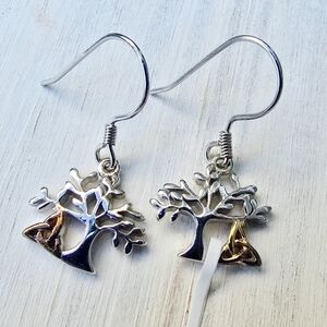 Tree of Life ✦ Drop Earrings ✦ Platinum Over 925 Silver w/ 14k Celtic Knot 2.75g